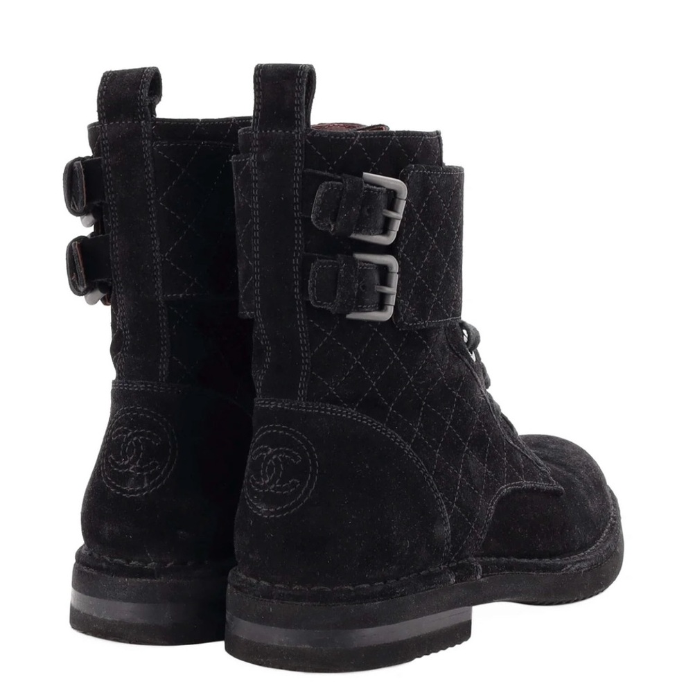 CHANEL Quilted Suede Combat Boots – Black Lace Up - Picture 11 of 17